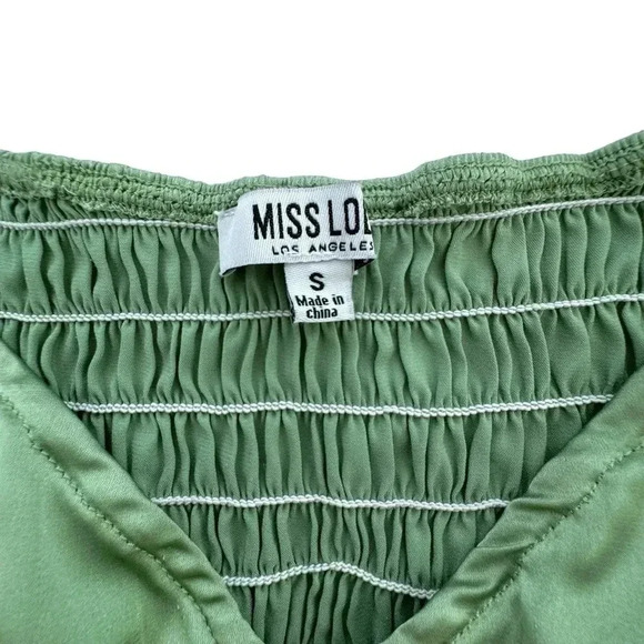 Miss Lola- Sage Green Satin Fairy Boho Ballet Ruffle Bodysuit, Size Small - Picture 3 of 12
